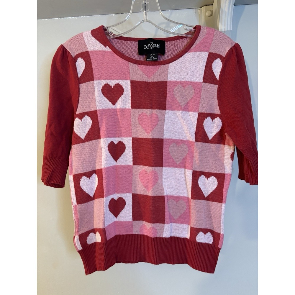 COLLECTIF Red & Pink Heart Puff Sleeve Sweater M‎ Valentine's